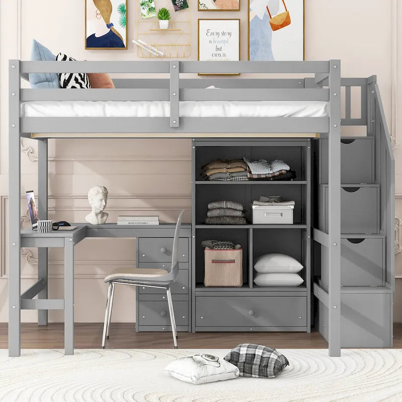 Full Size Loft Bed w/L-Shaped Desk,Drawers,Cabinet,Storage Staircase