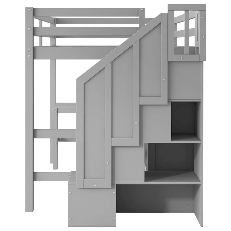Full Size Loft Bed w/L-Shaped Desk,Drawers,Cabinet,Storage Staircase