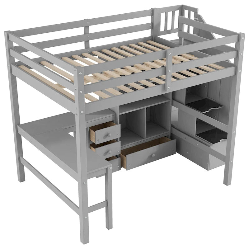Full Size Loft Bed w/L-Shaped Desk,Drawers,Cabinet,Storage Staircase