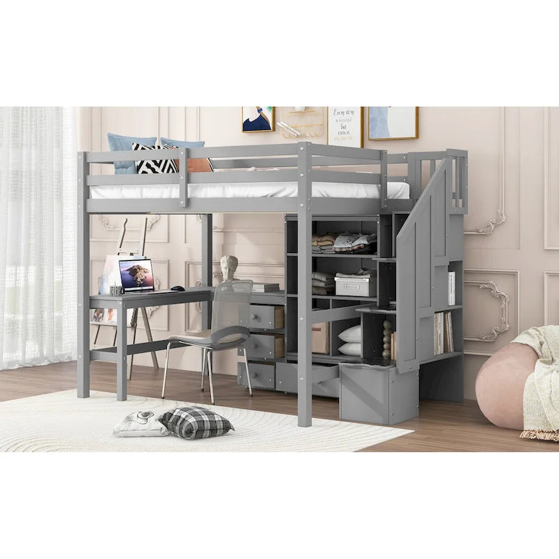 Full Size Loft Bed w/L-Shaped Desk,Drawers,Cabinet,Storage Staircase