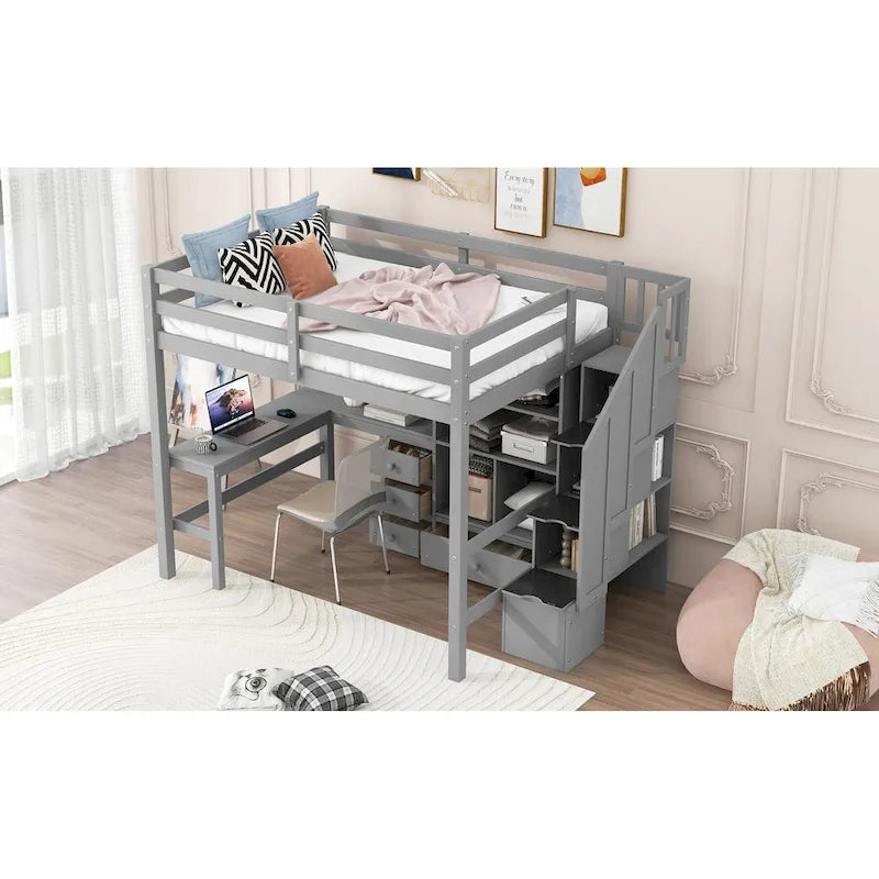 Full Size Loft Bed w/L-Shaped Desk,Drawers,Cabinet,Storage Staircase