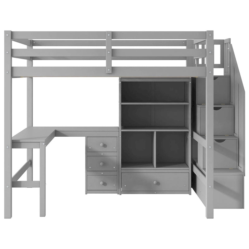 Full Size Loft Bed w/L-Shaped Desk,Drawers,Cabinet,Storage Staircase