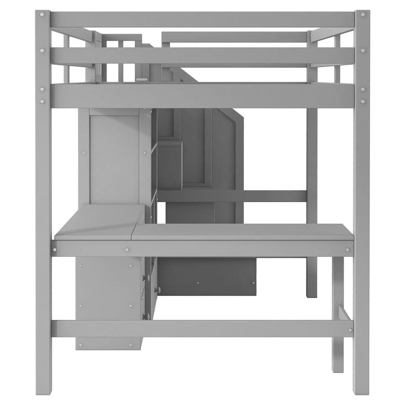 Full Size Loft Bed w/L-Shaped Desk,Drawers,Cabinet,Storage Staircase