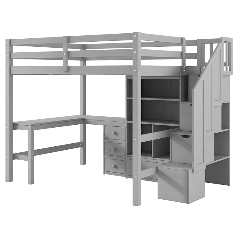 Full Size Loft Bed w/L-Shaped Desk,Drawers,Cabinet,Storage Staircase