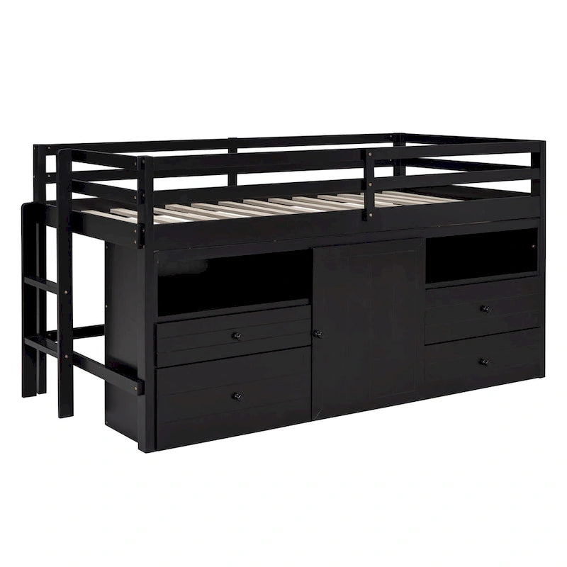 Twin Size Loft Bed with 4 Drawers, Underneath Cabinet and Shelves, White
