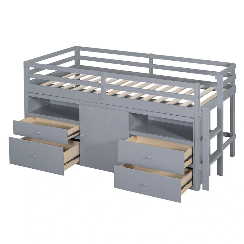 Twin Size Loft Bed with 4 Drawers, Underneath Cabinet and Shelves, White