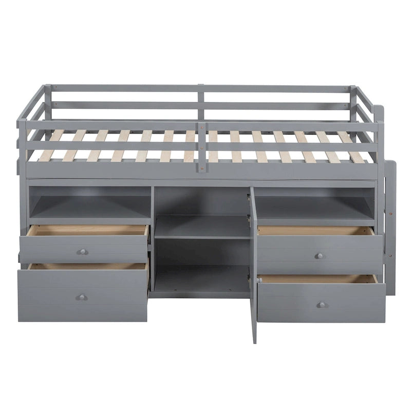 Twin Size Loft Bed with 4 Drawers, Underneath Cabinet and Shelves, White