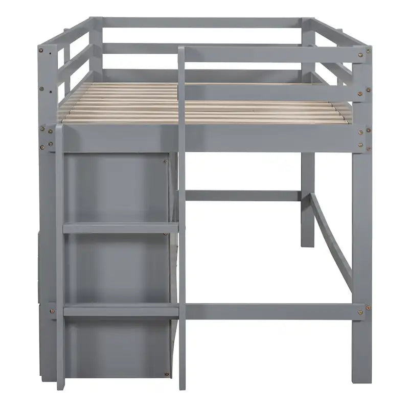 Twin Size Loft Bed with 4 Drawers, Underneath Cabinet and Shelves, White