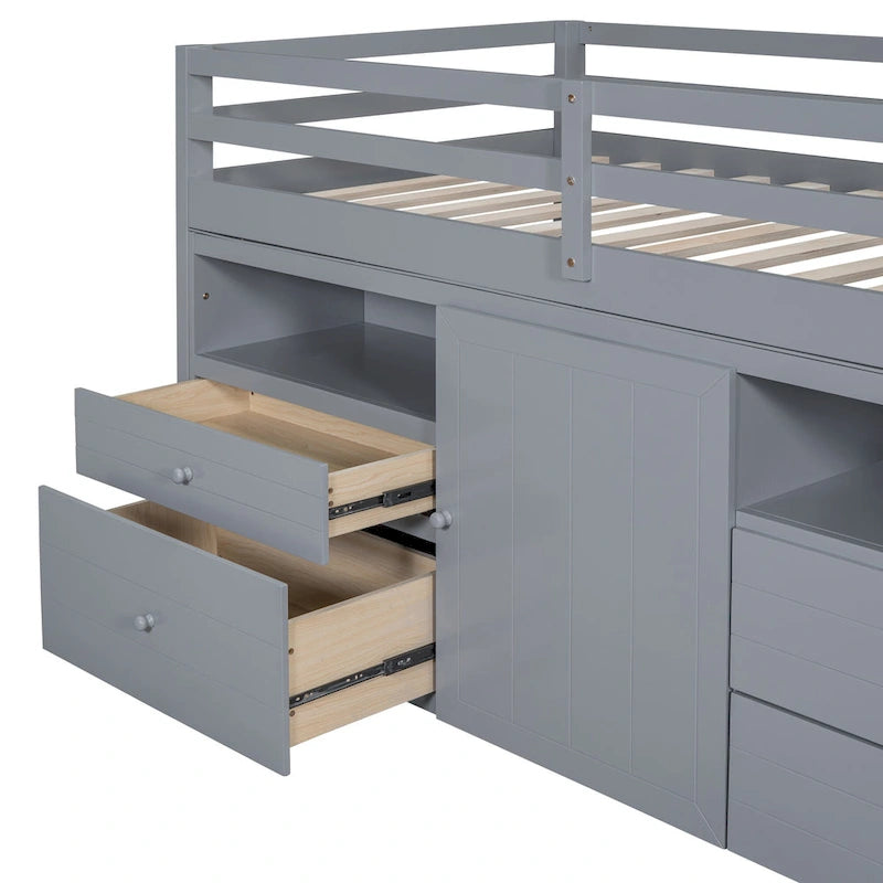 Twin Size Loft Bed with 4 Drawers, Underneath Cabinet and Shelves, White