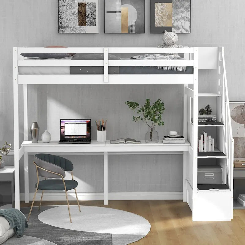 Twin Size Loft Bed w/Storage Staircase, Built-in Desk, Wood Loft Bedframe w/Length Guardrail, Slat Support, No Box Spring Needed