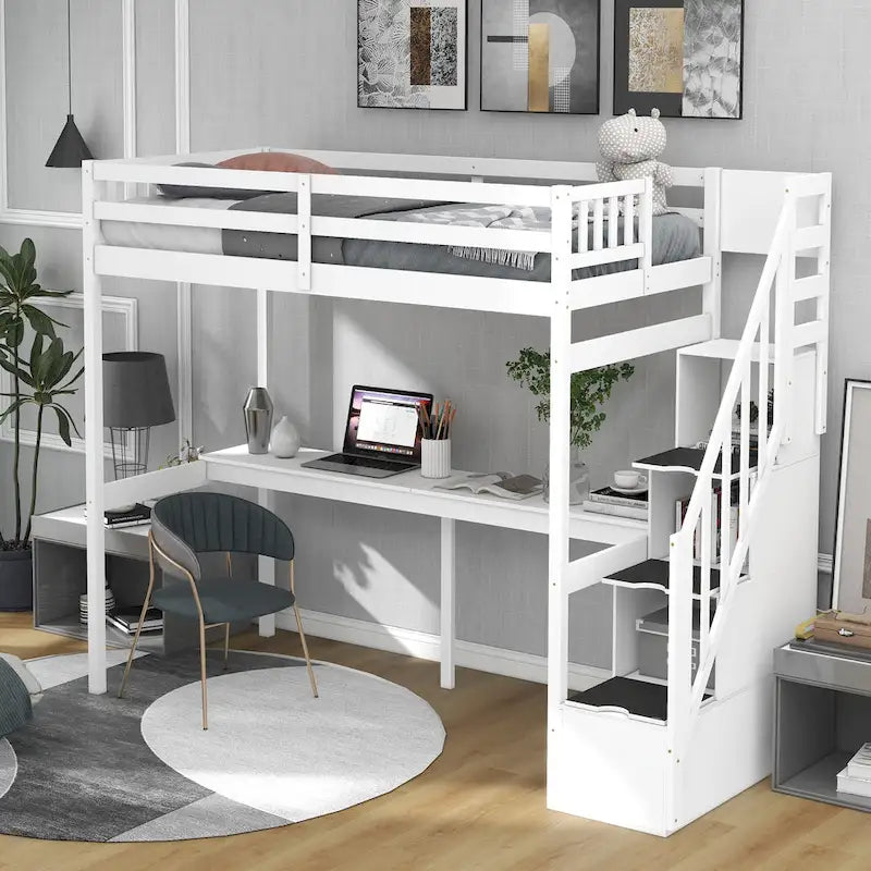 Twin Size Loft Bed w/Storage Staircase, Built-in Desk, Wood Loft Bedframe w/Length Guardrail, Slat Support, No Box Spring Needed