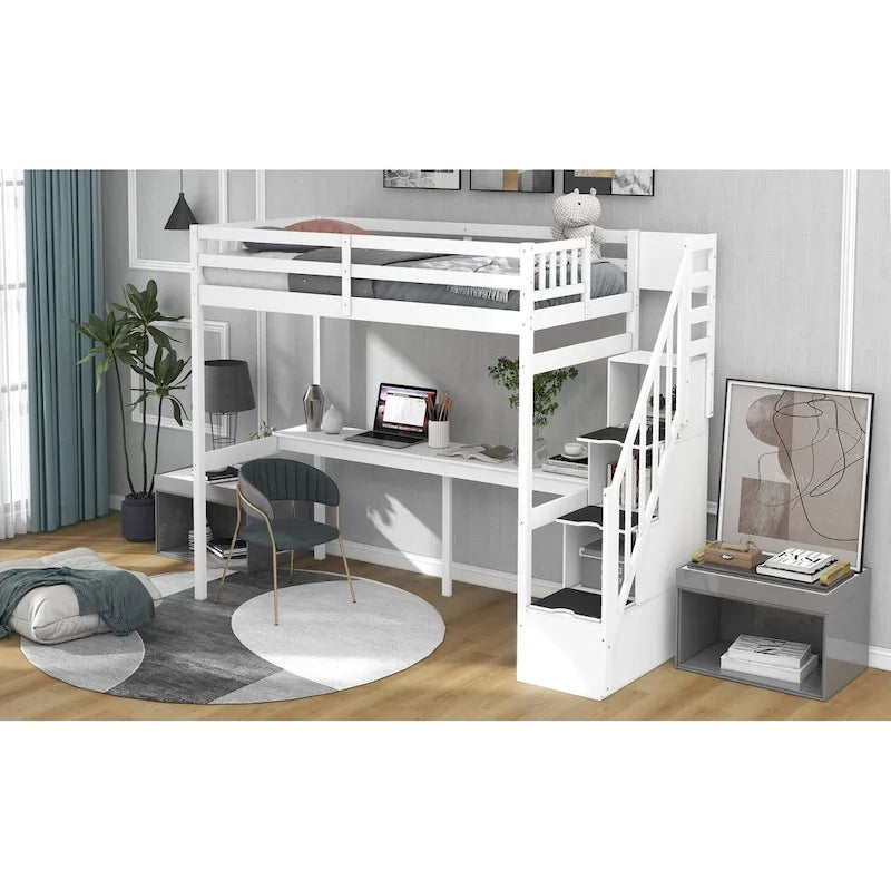 Twin Size Loft Bed w/Storage Staircase, Built-in Desk, Wood Loft Bedframe w/Length Guardrail, Slat Support, No Box Spring Needed
