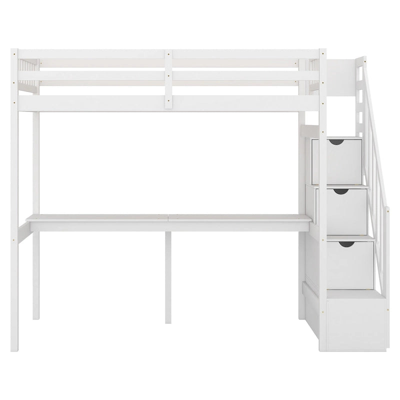 Twin Size Loft Bed w/Storage Staircase, Built-in Desk, Wood Loft Bedframe w/Length Guardrail, Slat Support, No Box Spring Needed