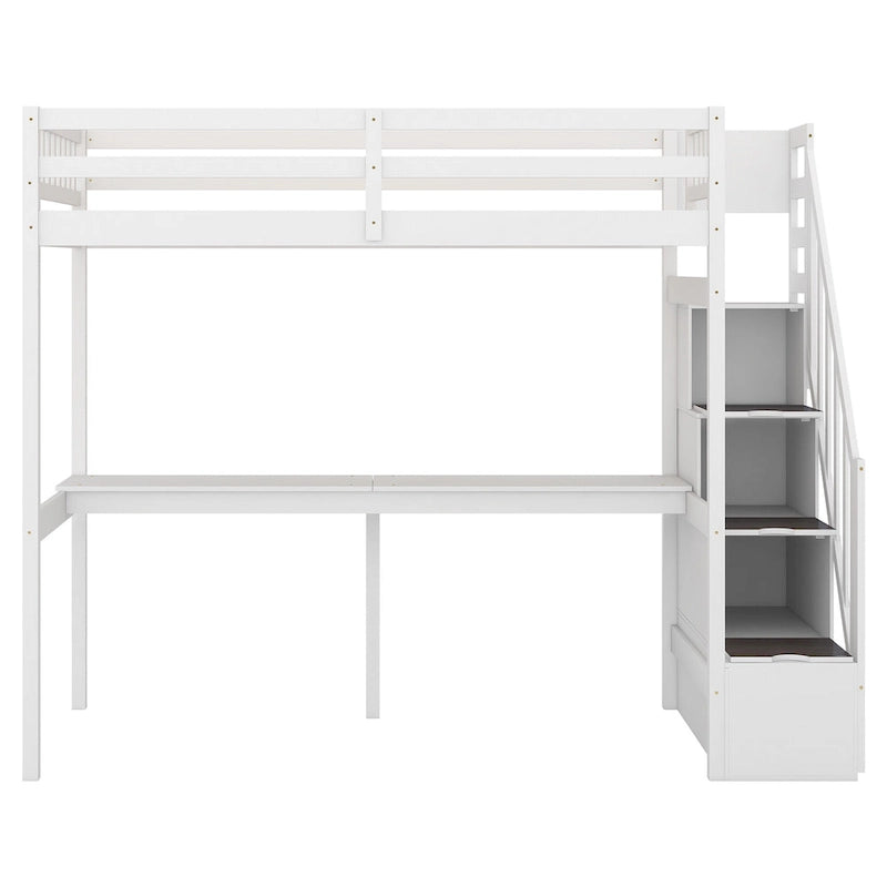Twin Size Loft Bed w/Storage Staircase, Built-in Desk, Wood Loft Bedframe w/Length Guardrail, Slat Support, No Box Spring Needed