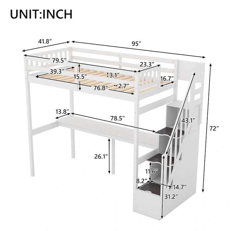 Twin Size Loft Bed w/Storage Staircase, Built-in Desk, Wood Loft Bedframe w/Length Guardrail, Slat Support, No Box Spring Needed