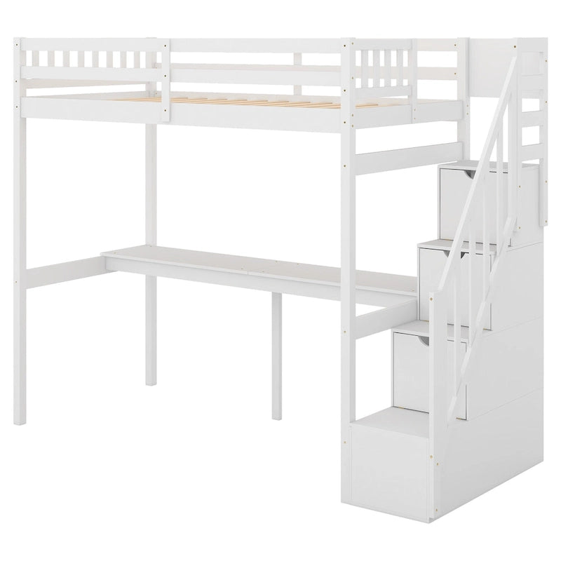 Twin Size Loft Bed w/Storage Staircase, Built-in Desk, Wood Loft Bedframe w/Length Guardrail, Slat Support, No Box Spring Needed