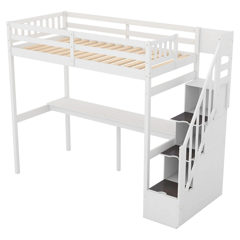 Twin Size Loft Bed w/Storage Staircase, Built-in Desk, Wood Loft Bedframe w/Length Guardrail, Slat Support, No Box Spring Needed