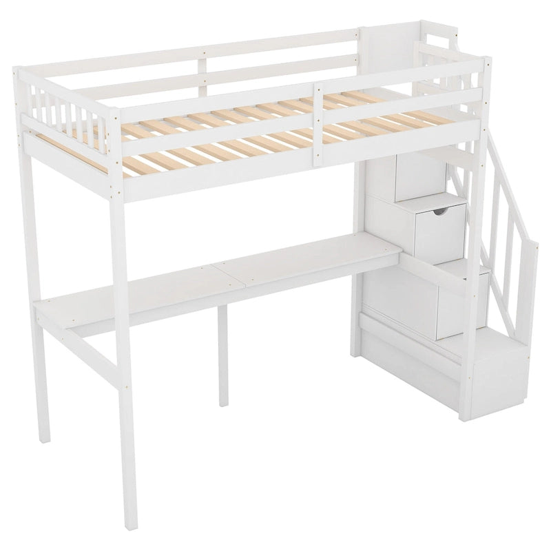 Twin Size Loft Bed w/Storage Staircase, Built-in Desk, Wood Loft Bedframe w/Length Guardrail, Slat Support, No Box Spring Needed