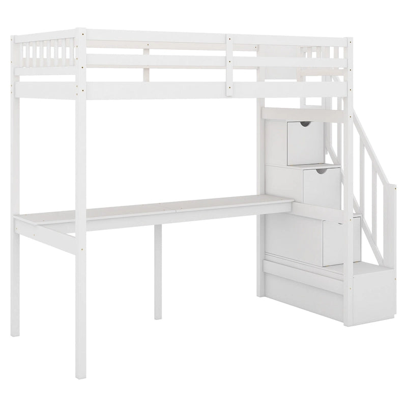Twin Size Loft Bed w/Storage Staircase, Built-in Desk, Wood Loft Bedframe w/Length Guardrail, Slat Support, No Box Spring Needed