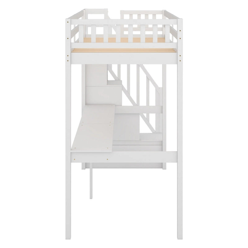 Twin Size Loft Bed w/Storage Staircase, Built-in Desk, Wood Loft Bedframe w/Length Guardrail, Slat Support, No Box Spring Needed
