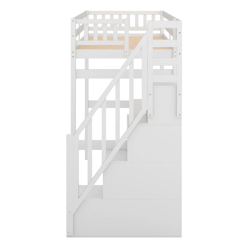 Twin Size Loft Bed w/Storage Staircase, Built-in Desk, Wood Loft Bedframe w/Length Guardrail, Slat Support, No Box Spring Needed