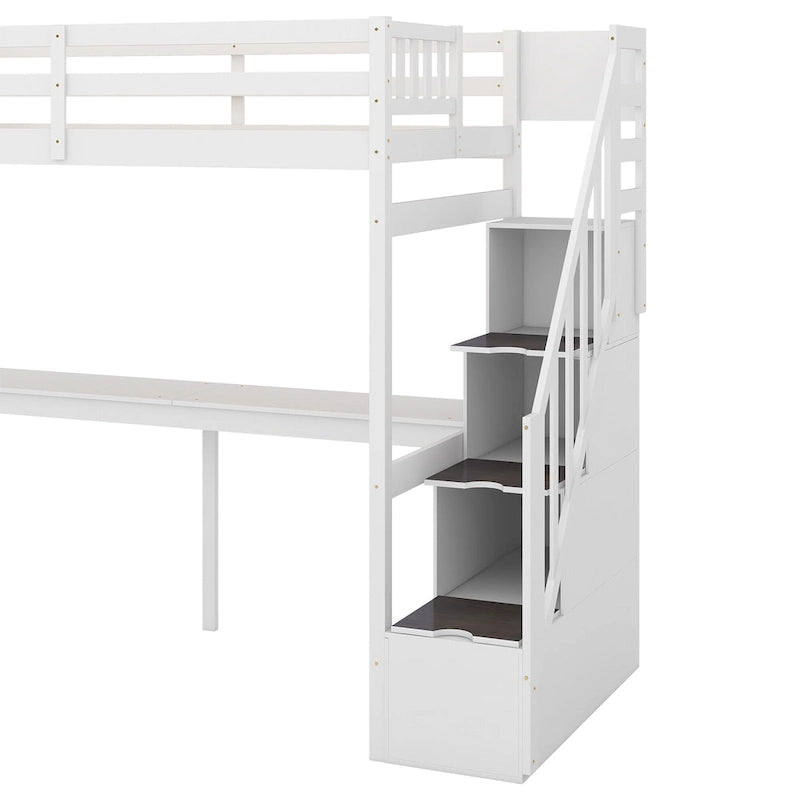 Twin Size Loft Bed w/Storage Staircase, Built-in Desk, Wood Loft Bedframe w/Length Guardrail, Slat Support, No Box Spring Needed