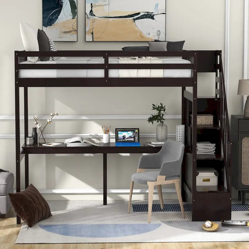 Twin Size Loft Bed w/Storage Staircase, Built-in Desk, Wood Loft Bedframe w/Length Guardrail, Slat Support, No Box Spring Needed