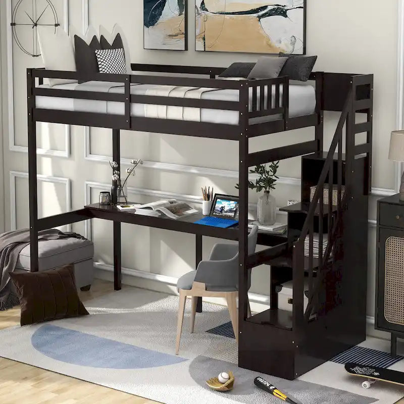 Twin Size Loft Bed w/Storage Staircase, Built-in Desk, Wood Loft Bedframe w/Length Guardrail, Slat Support, No Box Spring Needed