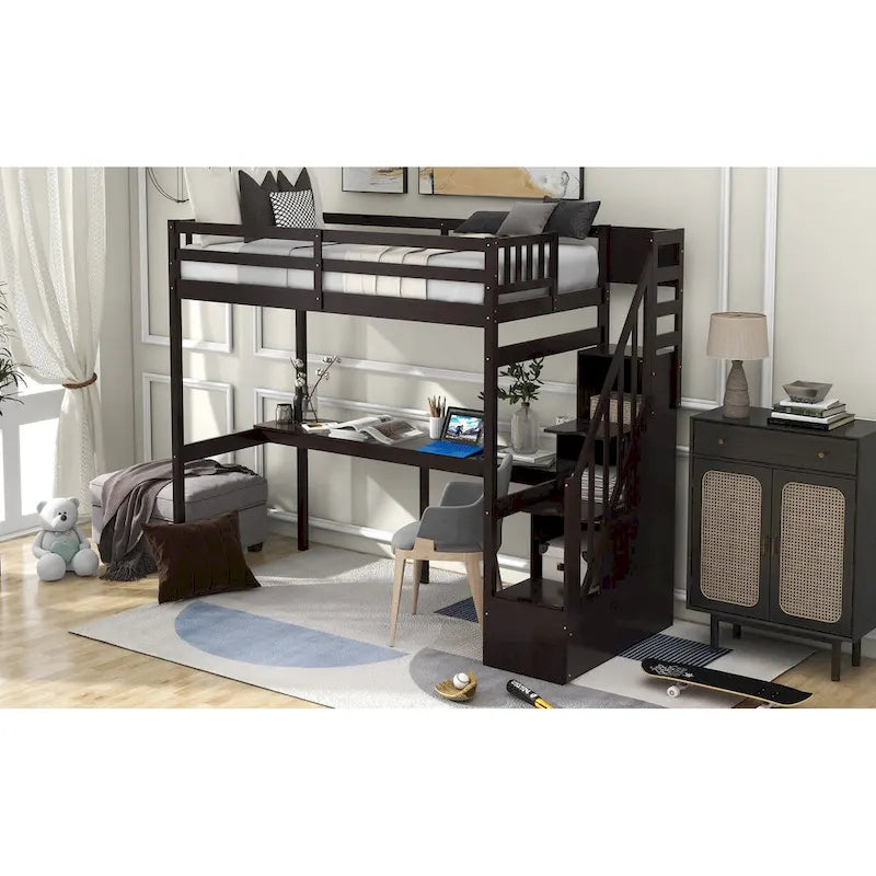 Twin Size Loft Bed w/Storage Staircase, Built-in Desk, Wood Loft Bedframe w/Length Guardrail, Slat Support, No Box Spring Needed