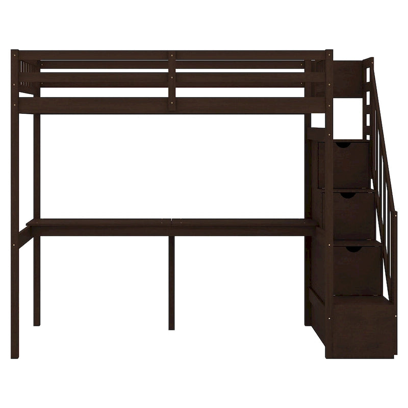 Twin Size Loft Bed w/Storage Staircase, Built-in Desk, Wood Loft Bedframe w/Length Guardrail, Slat Support, No Box Spring Needed