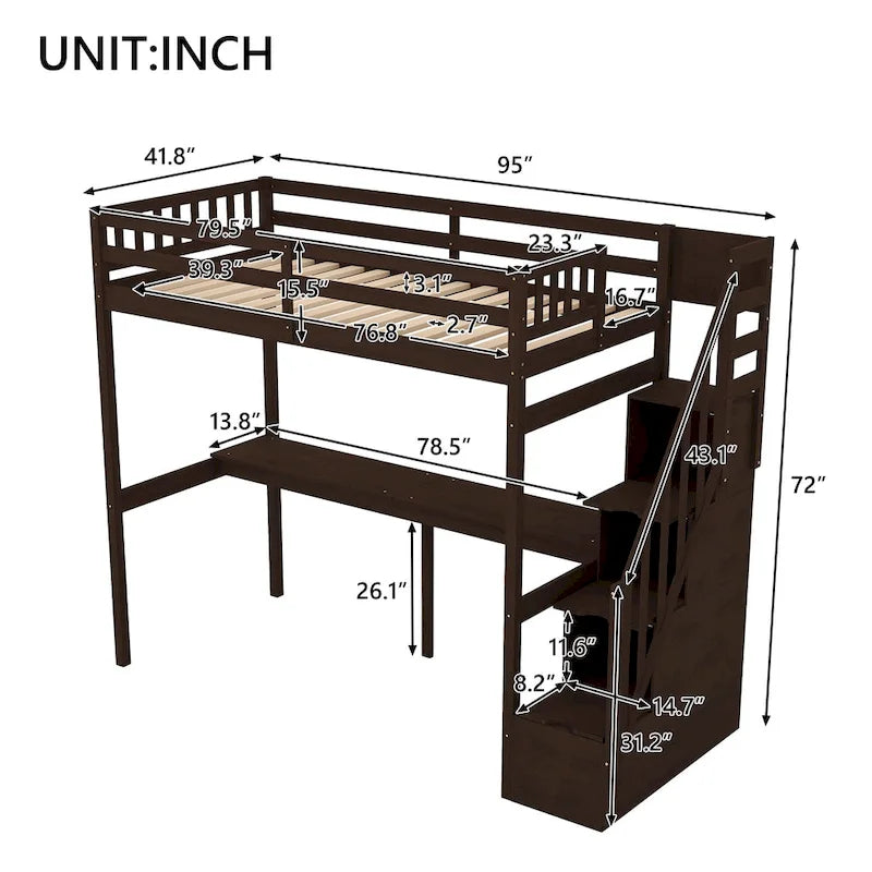 Twin Size Loft Bed w/Storage Staircase, Built-in Desk, Wood Loft Bedframe w/Length Guardrail, Slat Support, No Box Spring Needed