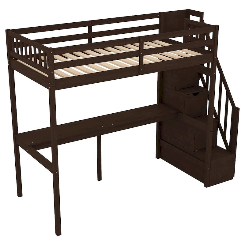 Twin Size Loft Bed w/Storage Staircase, Built-in Desk, Wood Loft Bedframe w/Length Guardrail, Slat Support, No Box Spring Needed