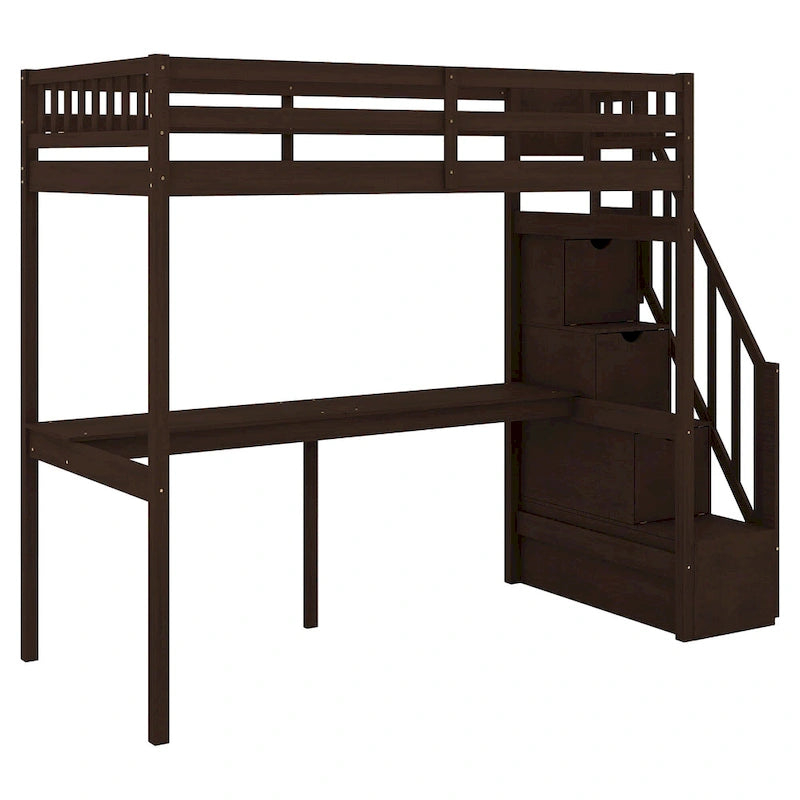 Twin Size Loft Bed w/Storage Staircase, Built-in Desk, Wood Loft Bedframe w/Length Guardrail, Slat Support, No Box Spring Needed