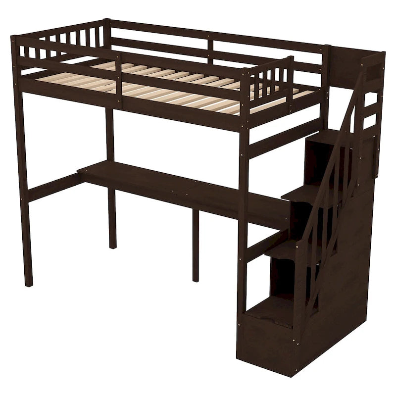 Twin Size Loft Bed w/Storage Staircase, Built-in Desk, Wood Loft Bedframe w/Length Guardrail, Slat Support, No Box Spring Needed