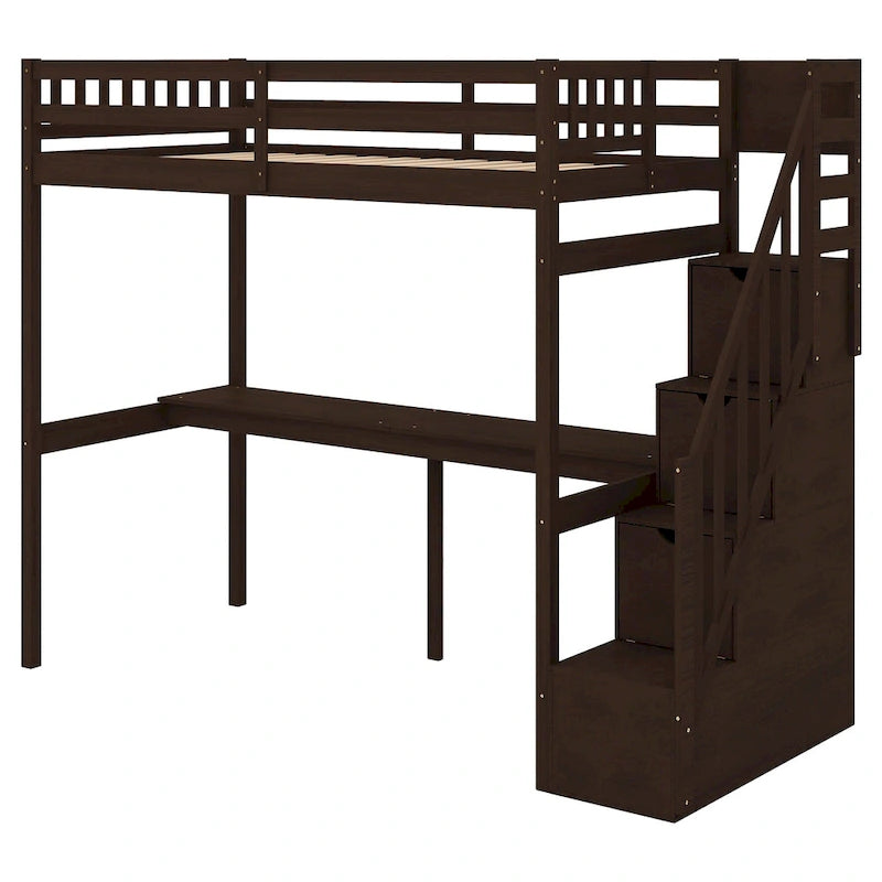 Twin Size Loft Bed w/Storage Staircase, Built-in Desk, Wood Loft Bedframe w/Length Guardrail, Slat Support, No Box Spring Needed