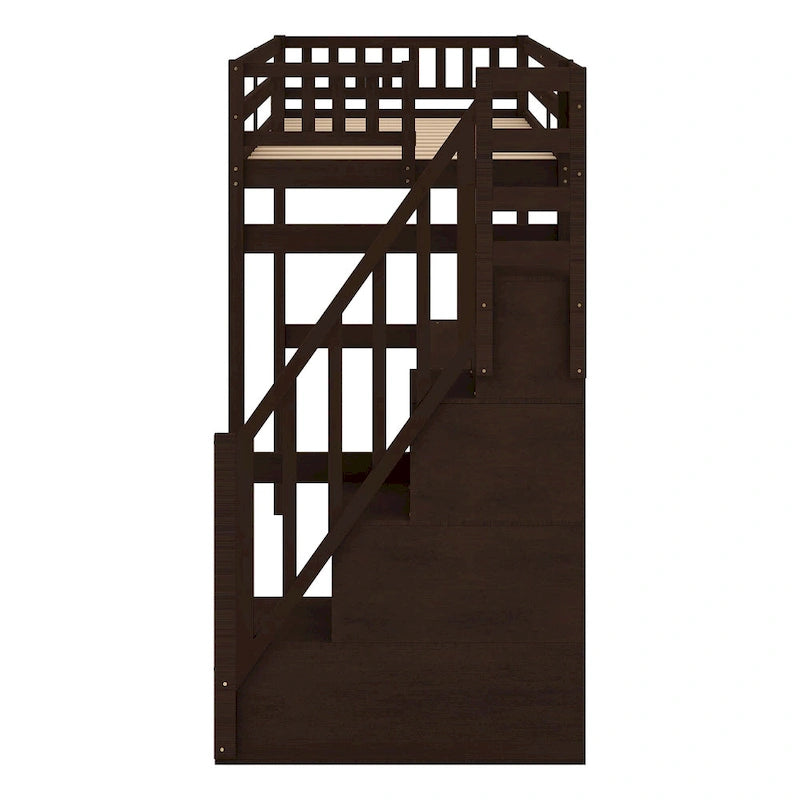 Twin Size Loft Bed w/Storage Staircase, Built-in Desk, Wood Loft Bedframe w/Length Guardrail, Slat Support, No Box Spring Needed
