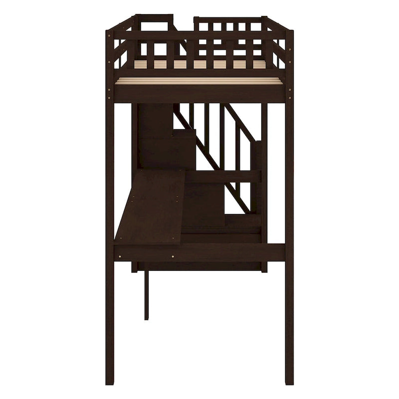 Twin Size Loft Bed w/Storage Staircase, Built-in Desk, Wood Loft Bedframe w/Length Guardrail, Slat Support, No Box Spring Needed