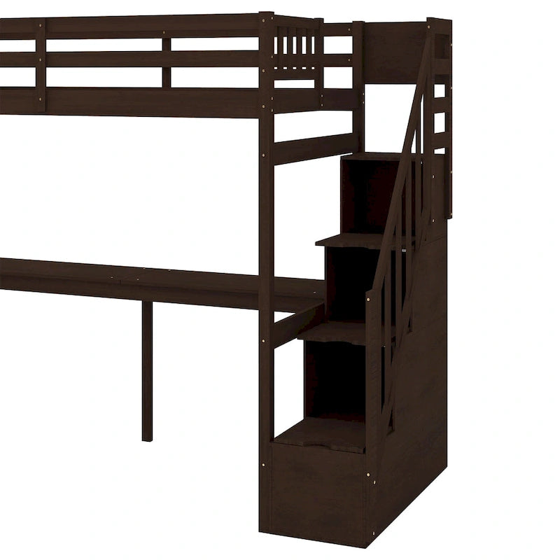 Twin Size Loft Bed w/Storage Staircase, Built-in Desk, Wood Loft Bedframe w/Length Guardrail, Slat Support, No Box Spring Needed