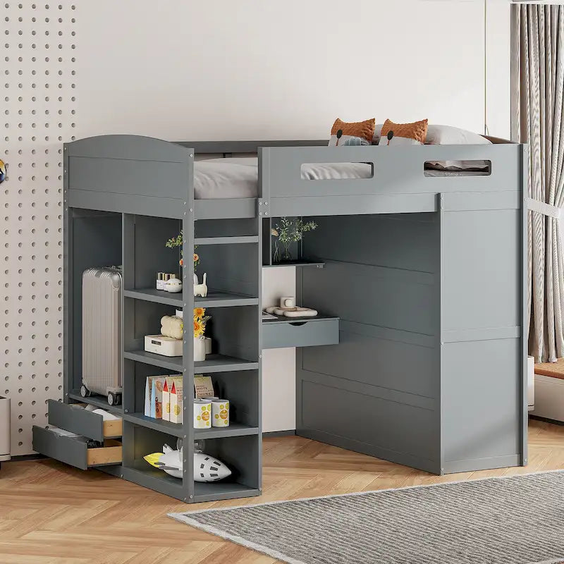 Loft Bed with Desk, Wardrobes, 4 Drawers and 4 Shelves