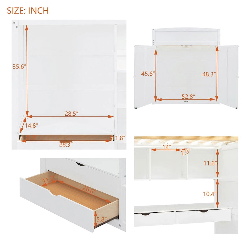 Loft Bed with Desk, Wardrobes, 4 Drawers and 4 Shelves