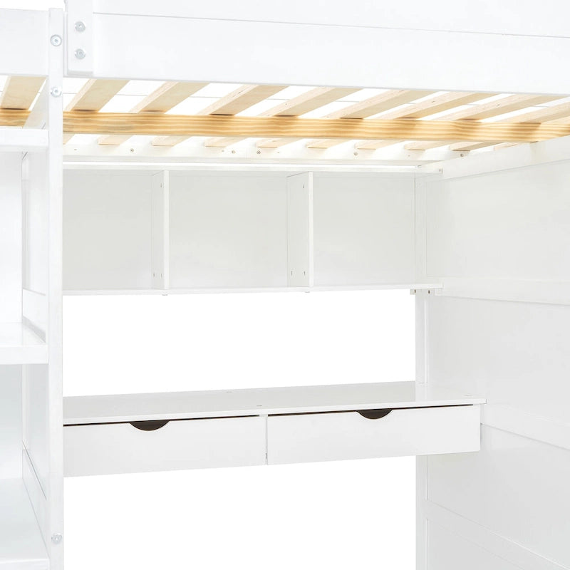 Loft Bed with Desk, Wardrobes, 4 Drawers and 4 Shelves
