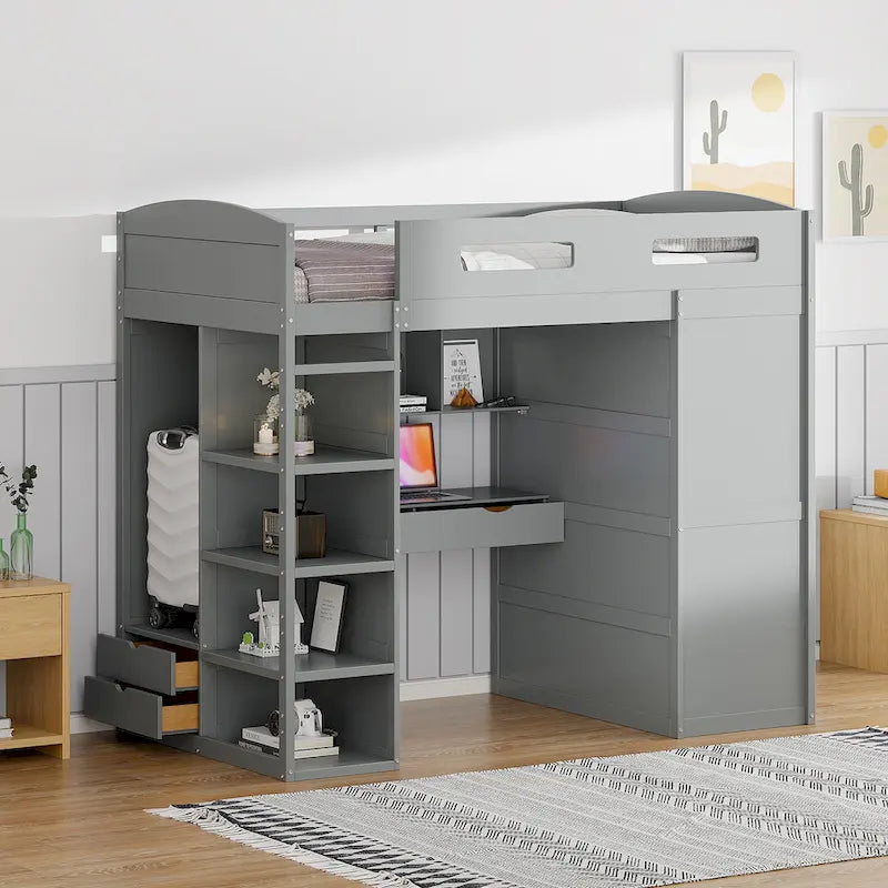 Loft Bed with Desk, Wardrobes, 4 Drawers and 4 Shelves