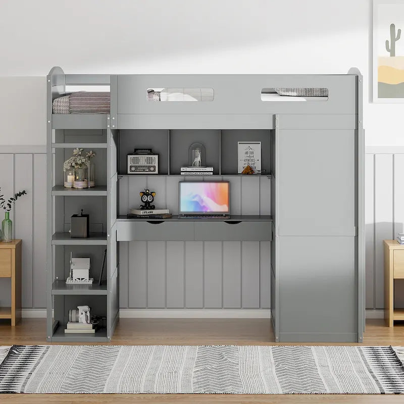 Loft Bed with Desk, Wardrobes, 4 Drawers and 4 Shelves