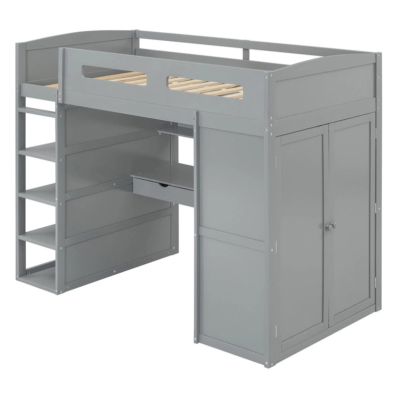 Loft Bed with Desk, Wardrobes, 4 Drawers and 4 Shelves