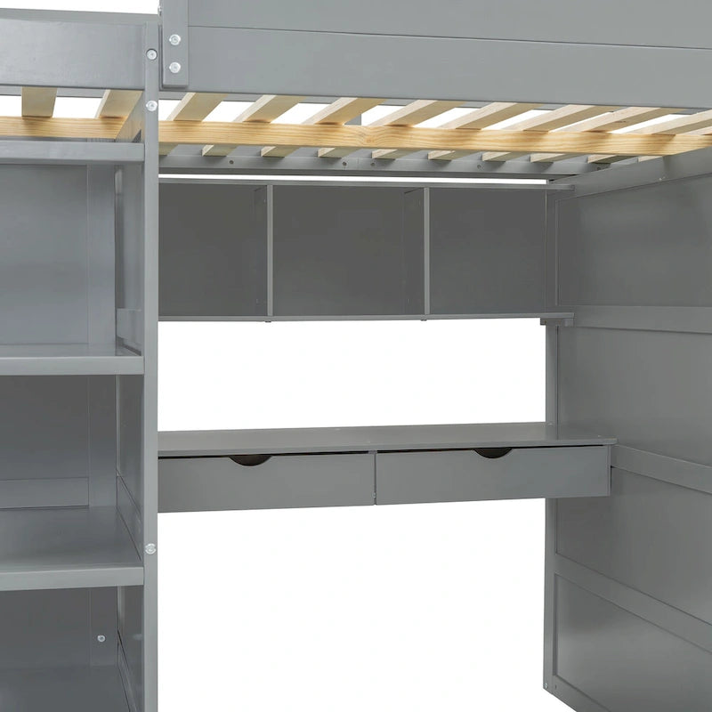 Loft Bed with Desk, Wardrobes, 4 Drawers and 4 Shelves