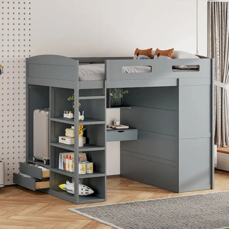 Loft Bed with Desk, Wardrobes, 4 Drawers and 4 Shelves