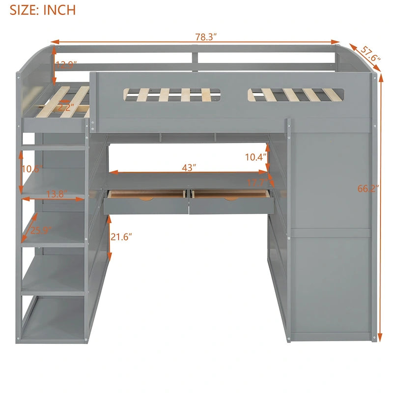 Loft Bed with Desk, Wardrobes, 4 Drawers and 4 Shelves