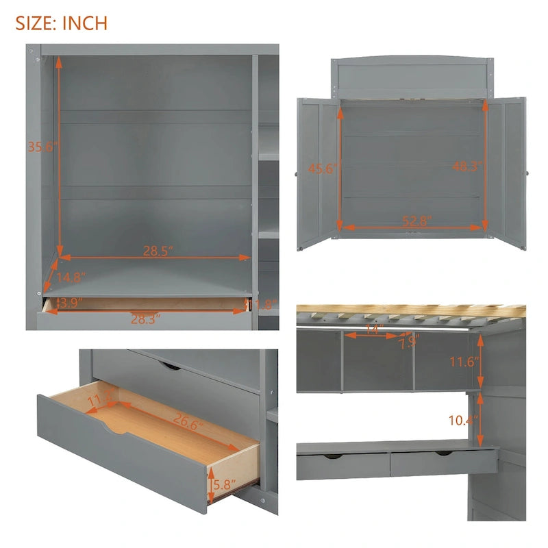 Loft Bed with Desk, Wardrobes, 4 Drawers and 4 Shelves