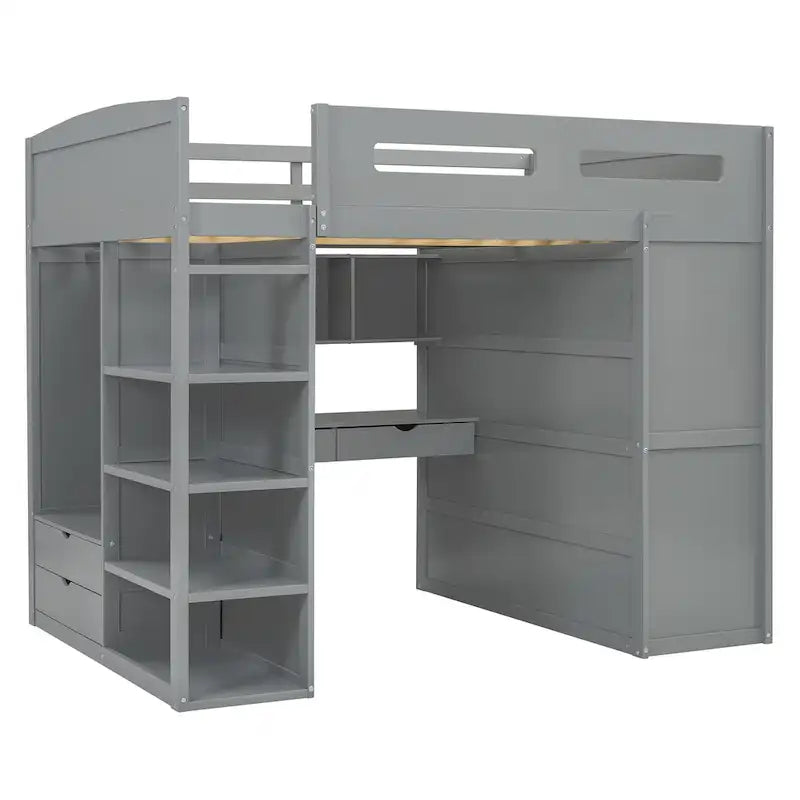 Loft Bed with Desk, Wardrobes, 4 Drawers and 4 Shelves