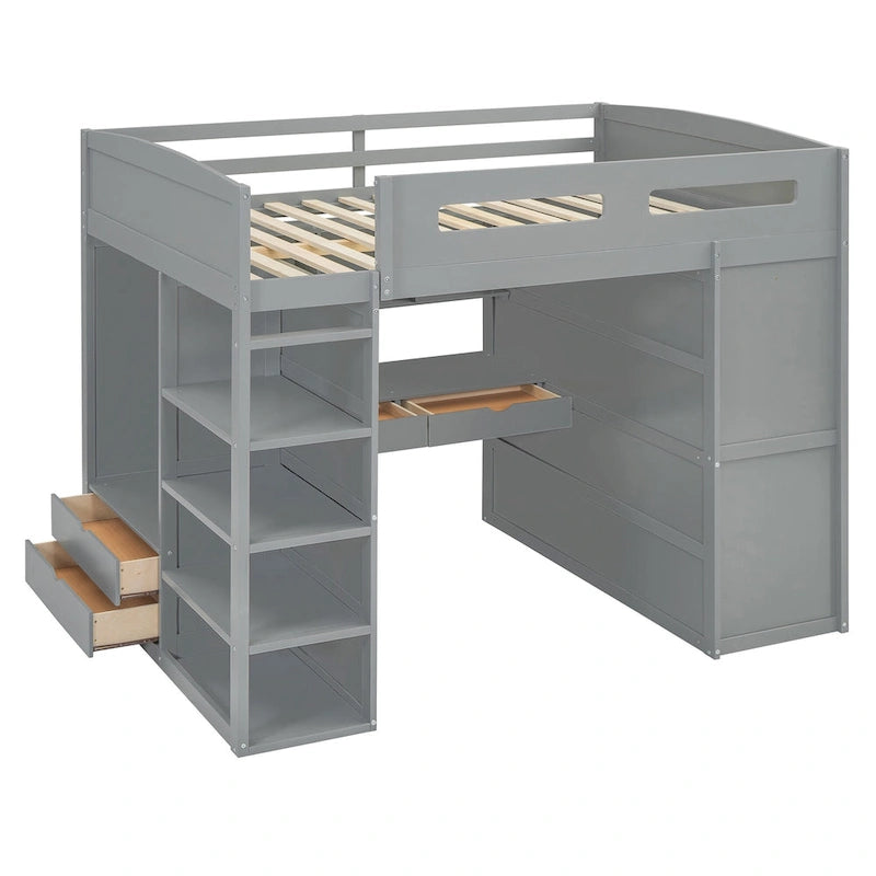 Loft Bed with Desk, Wardrobes, 4 Drawers and 4 Shelves